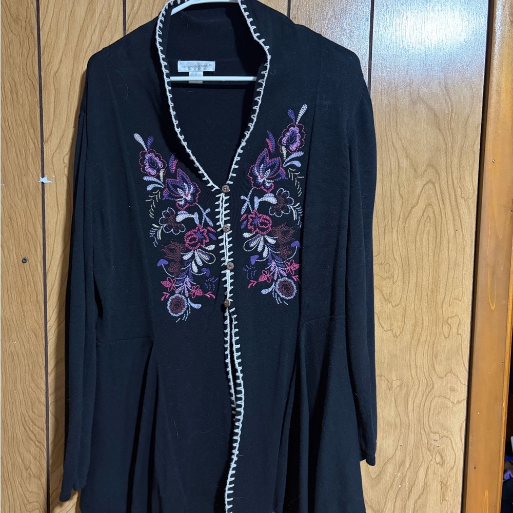 Christopher & Banks Black Cardigan with Floral Embroidery